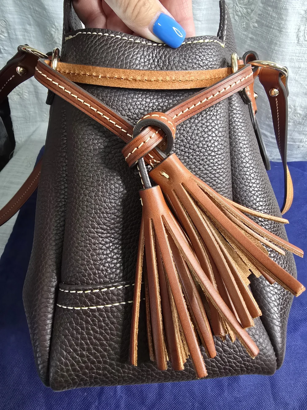 Dooney & Bourke Brown Pebbled Leather Satchel with Tan Trim